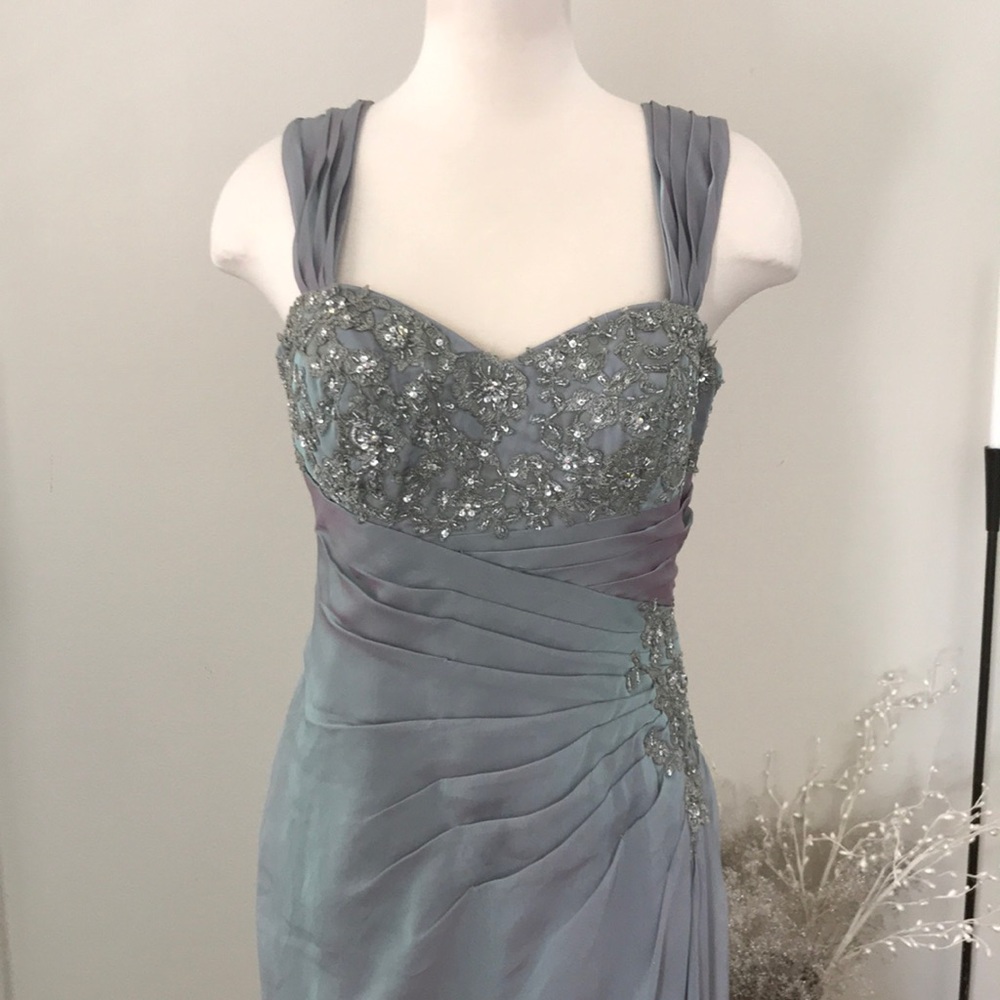 Val Stefani Beaded Sweetheart Prom Gown in Steel Blue - Picture 2 of 6